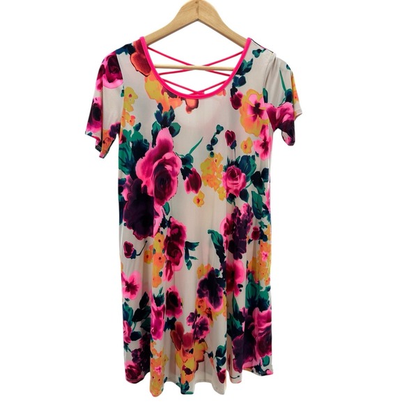 Dresses & Skirts - Hemish USA Floral Print Knit Dress Small Travel Stretch Short Sleeve‎ Crisscross